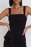 Zwarte Zeemeermin Vierkante Hals, Gerimpelde High Low Midi Cocktailjurk met asymmetrische ruches