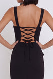 Zwarte Zeemeermin Vierkante Hals, Gerimpelde High Low Midi Cocktailjurk met asymmetrische ruches