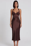 Donkerbruin satijn korset Bodycon halter midi cocktailjurk