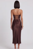 Donkerbruin satijn korset Bodycon halter midi cocktailjurk