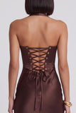 Donkerbruin satijn korset Bodycon halter midi cocktailjurk