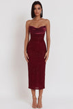 Glitter bordeaux korset Bodycon Cowl satijn strapless midi cocktailjurk
