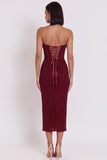 Glitter bordeaux korset Bodycon Cowl satijn strapless midi cocktailjurk