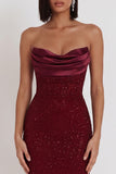 Glitter bordeaux korset Bodycon Cowl satijn strapless midi cocktailjurk