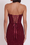 Glitter bordeaux korset Bodycon Cowl satijn strapless midi cocktailjurk