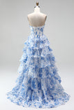 Blauwe A-lijn korsetbedrukte gelaagde, gerimpelde chiffon strapless lange galajurk