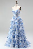 Blauwe A-lijn korsetbedrukte gelaagde, gerimpelde chiffon strapless lange galajurk