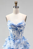 Blauwe A-lijn korsetbedrukte gelaagde, gerimpelde chiffon strapless lange galajurk