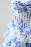 Blauwe A-lijn korsetbedrukte gelaagde, gerimpelde chiffon strapless lange galajurk