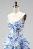 Blauwe A-lijn korsetbedrukte gelaagde, gerimpelde chiffon strapless lange galajurk