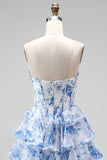 Blauwe A-lijn korsetbedrukte gelaagde, gerimpelde chiffon strapless lange galajurk