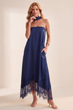 Marineblauwe A-lijn satijn strapless midi trouwjurk met kant