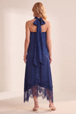 Marineblauwe A-lijn satijn strapless midi trouwjurk met kant