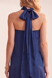 Marineblauwe A-lijn satijn strapless midi trouwjurk met kant