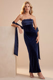 Marineblauw korset fluwelen mousse strapless maxi trouwjurk met kant