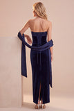 Marineblauw korset fluwelen mousse strapless maxi trouwjurk met kant