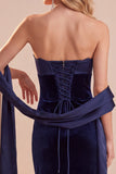 Marineblauw korset fluwelen mousse strapless maxi trouwjurk met kant