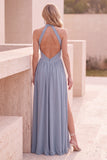 Stoffige blauwe A-lijn halter Baskische taille lange trouwjurk met split