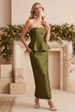 Olijfgroene Peplum satijn strapless lange trouwjurk met kralen