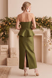 Olijfgroene Peplum satijn strapless lange trouwjurk met kralen
