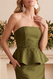 Olijfgroene Peplum satijn strapless lange trouwjurk met kralen