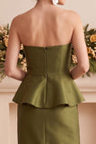 Olijfgroene Peplum satijn strapless lange trouwjurk met kralen