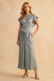 Stoffy Blue Sheath Flutter Mouwen Gerimpelde Satijn Midi trouwjurk met zakken