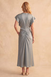 Stoffy Blue Sheath Flutter Mouwen Gerimpelde Satijn Midi trouwjurk met zakken