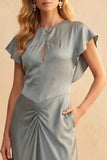 Stoffy Blue Sheath Flutter Mouwen Gerimpelde Satijn Midi trouwjurk met zakken