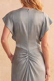 Stoffy Blue Sheath Flutter Mouwen Gerimpelde Satijn Midi trouwjurk met zakken