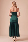 Donkergroene satijnen strapless midi trouwjurk met drop-waist satijn met kralen