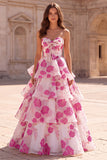 Fuchsia A-lijn strapless gelaagde, geraffde organza bloemenprint lange galajurk met strik