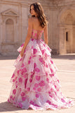 Fuchsia A-lijn strapless gelaagde, geraffde organza bloemenprint lange galajurk met strik