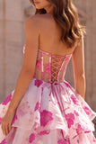 Fuchsia A-lijn strapless gelaagde, geraffde organza bloemenprint lange galajurk met strik