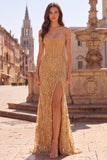 Off-the-shoulder gouden korsetpailletten zeemeermin lange galajurk met split
