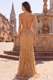 Off-the-shoulder gouden korsetpailletten zeemeermin lange galajurk met split