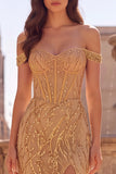 Off-the-shoulder gouden korsetpailletten zeemeermin lange galajurk met split
