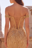 Off-the-shoulder gouden korsetpailletten zeemeermin lange galajurk met split