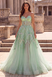 Glitter mintgroene korset transparante A-lijn tule strapless lange galajurk