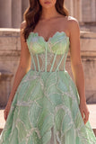 Glitter mintgroene korset transparante A-lijn tule strapless lange galajurk