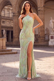 Halter Mint Groene Kralenbevolkte Zeemeermin Lange Promenade Jurk met split
