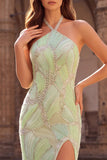 Halter Mint Groene Kralenbevolkte Zeemeermin Lange Promenade Jurk met split