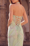 Halter Mint Groene Kralenbevolkte Zeemeermin Lange Promenade Jurk met split