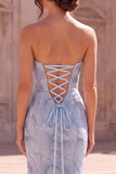 Lichtblauwe meermin strapless lange galajurk met kralen