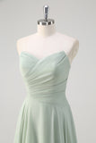 Matcha A Line strapless chiffon lange bruidsmeisjesjurk met ruches