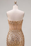 Glitterende gouden Bodycon Sweetheart doorschijnende korsetpailletten Homecoming jurk