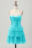 Blauw gelaagd korset A Line strapless korte homecoming-jurk