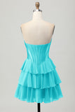 Blauw gelaagd korset A Line strapless korte homecoming-jurk