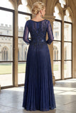 Sprankelende marineblauwe V-hals geplooide A-lijn Mother of the Bride jurk