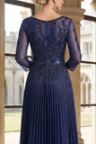 Sprankelende marineblauwe V-hals geplooide A-lijn Mother of the Bride jurk